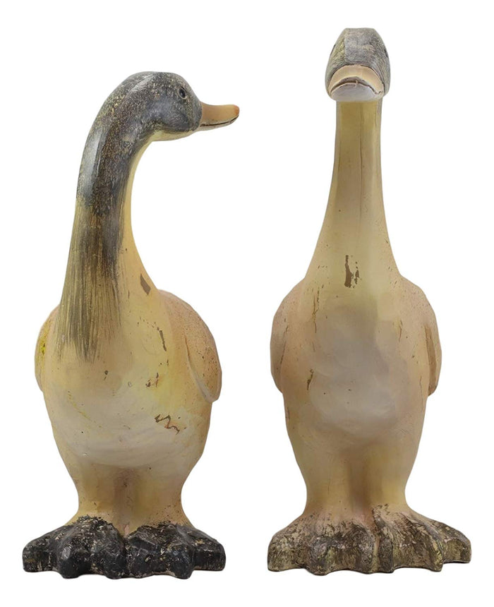 Ebros Rustic Weathered Crackle Faux Wood Finish Pair Of Cottage Ducks Garden Statue Set 12.5" Tall Home Decor Country Farm Outdoors Lawn Patio Pool Pond Duck Mallard Figurines