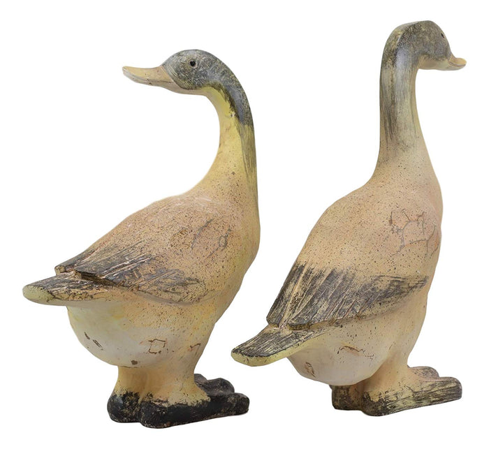 Ebros Rustic Weathered Crackle Faux Wood Finish Pair Of Cottage Ducks Garden Statue Set 12.5" Tall Home Decor Country Farm Outdoors Lawn Patio Pool Pond Duck Mallard Figurines