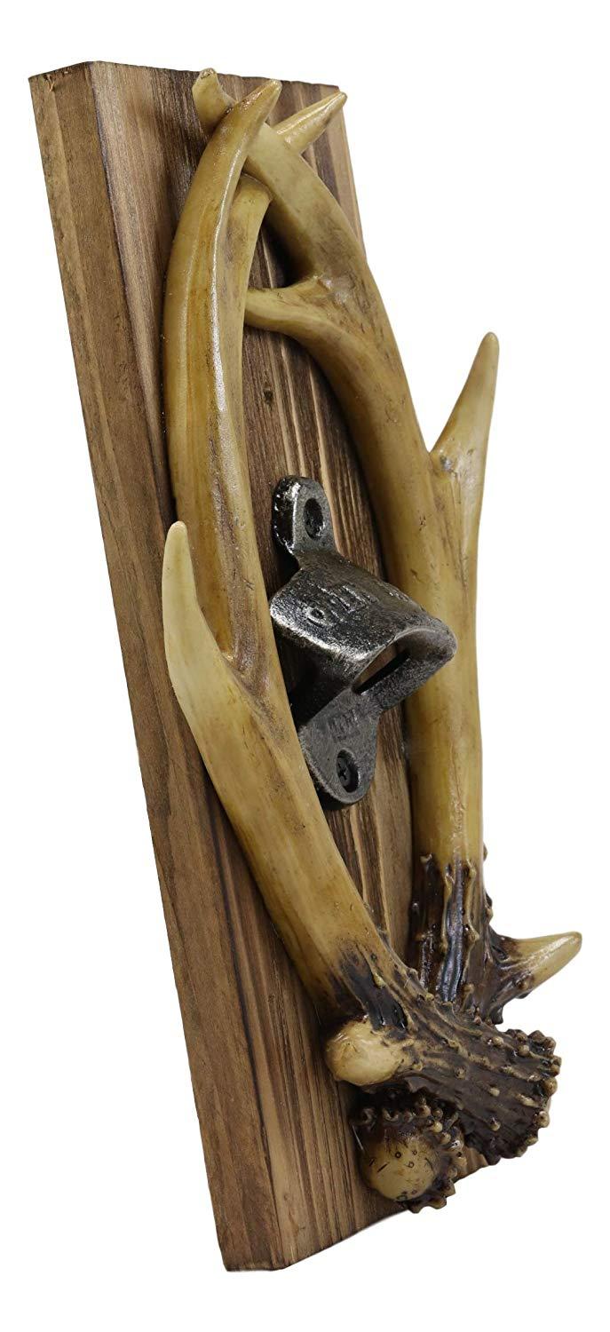 Ebros Rustic Western Faux Entwined Hunter's Stag Deer Antlers Trophy Mounted On Wood Plank Soda Beer Bottle Cap Cast Metal Opener 10.75" High