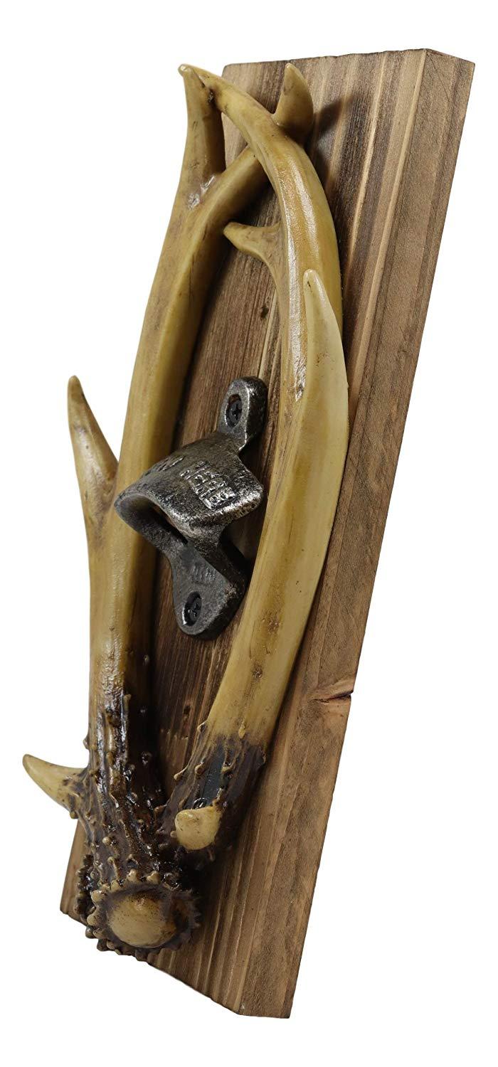 Ebros Rustic Western Faux Entwined Hunter's Stag Deer Antlers Trophy Mounted On Wood Plank Soda Beer Bottle Cap Cast Metal Opener 10.75" High