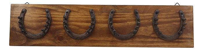 Ebros Rustic Western Horse Hoof Horseshoes And Nails Coat Key Hat Leash Backpack Wall Hanging Hooks With Wood Plank 25.5" Wide Country Farm Cowboy Decorative Organizer For Mudroom Main Entrance Walls