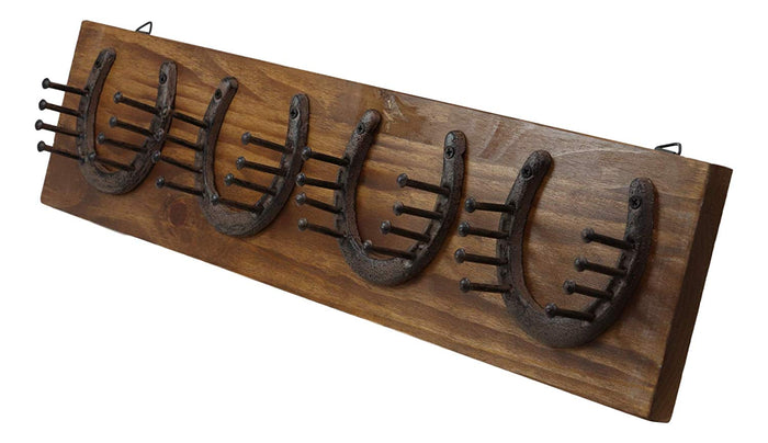 Ebros Rustic Western Horse Hoof Horseshoes And Nails Coat Key Hat Leash Backpack Wall Hanging Hooks With Wood Plank 25.5" Wide Country Farm Cowboy Decorative Organizer For Mudroom Main Entrance Walls
