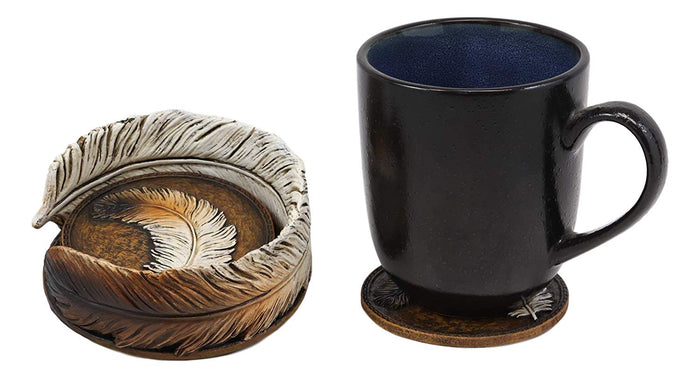 Ebros Rustic Western Indian Eagle Feather Coaster Holder With 4 Round Coasters