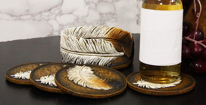 Ebros Rustic Western Indian Eagle Feather Coaster Holder With 4 Round Coasters
