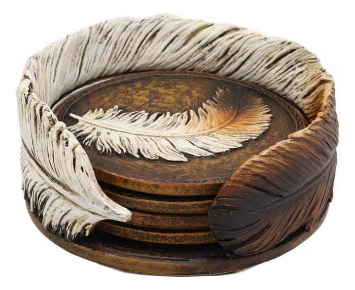 Ebros Rustic Western Indian Eagle Feather Coaster Holder With 4 Round Coasters