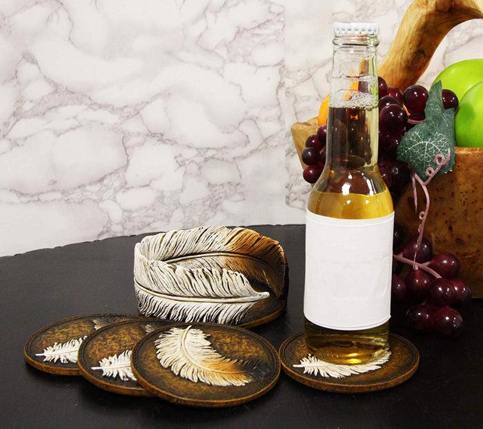 Ebros Rustic Western Indian Eagle Feather Coaster Holder with 4 Round Coasters