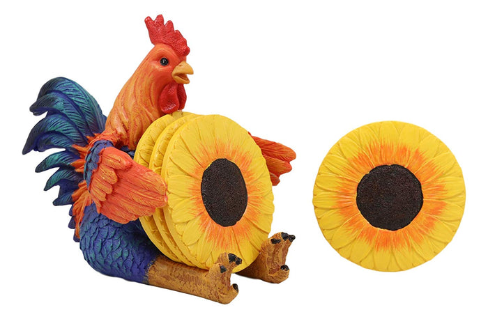 Ebros Rustic Western Sitting Proud Rooster Coaster Set With 4 Sunflower Coasters