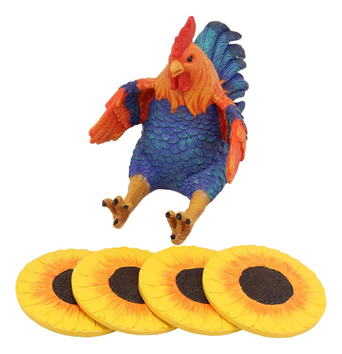 Ebros Rustic Western Sitting Proud Rooster Coaster Set With 4 Sunflower Coasters