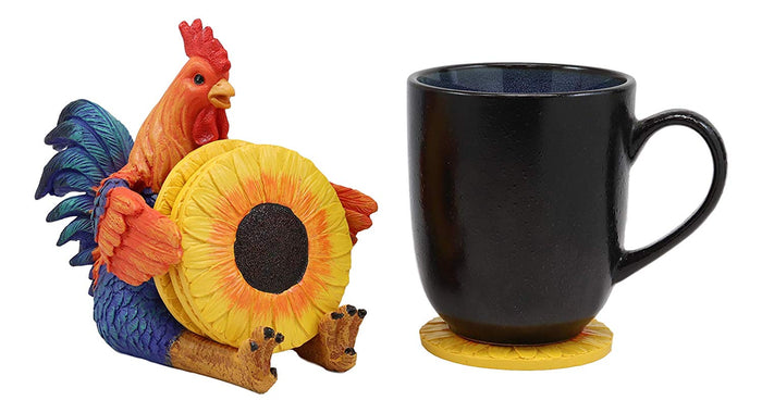 Ebros Rustic Western Sitting Proud Rooster Coaster Set With 4 Sunflower Coasters