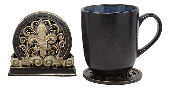 Ebros Rustic Western Tuscany Fleur De Lis Crown Carved Scroll Art Coaster Holder With 4 Round Coasters Set In Faded Bronze Finish Home And Kitchen Dining Decorative Figurine Southwestern Creole Decor