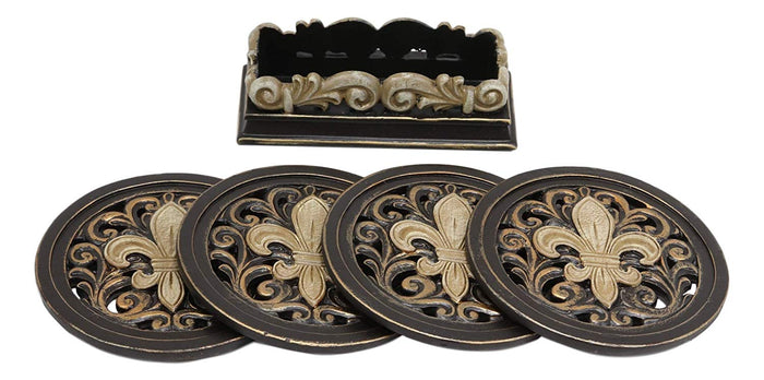 Ebros Rustic Western Tuscany Fleur De Lis Crown Carved Scroll Art Coaster Holder With 4 Round Coasters Set In Faded Bronze Finish Home And Kitchen Dining Decorative Figurine Southwestern Creole Decor