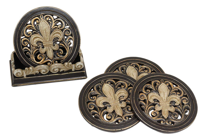 Ebros Rustic Western Tuscany Fleur De Lis Crown Carved Scroll Art Coaster Holder With 4 Round Coasters Set In Faded Bronze Finish Home And Kitchen Dining Decorative Figurine Southwestern Creole Decor