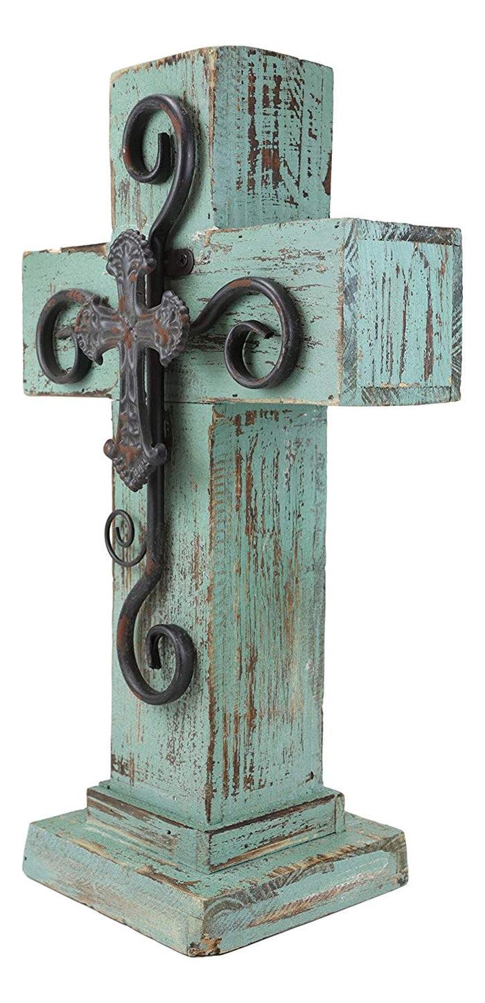 Ebros Rustic Western Wooden Turquoise Standing Cross Statue With Metal 3D Art