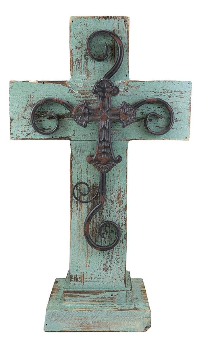 Ebros Rustic Western Wooden Turquoise Standing Cross Statue With Metal 3D Art