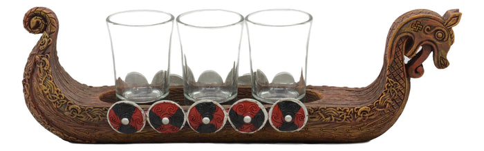 Ebros Scandinavian Viking Dragon Longship 3 Shotglass Shooter Holder 11.25"L