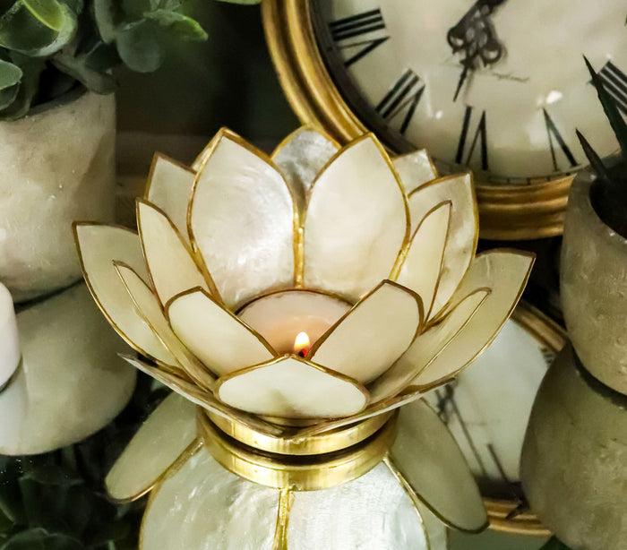 Ebros Seashells Lotus Flower Votive Tea Light Candle Holder 4.25"D (Pearl White)