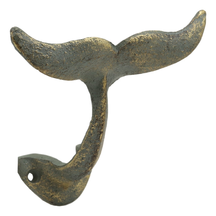 Ebros Set Of 2 Cast Iron Nautical Baleen Blue Whale Tail Wall Hooks In Verdi Blue And Gold Metallic Color 5" Wide Hanger