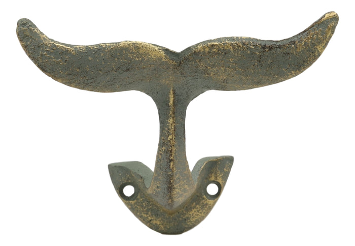 Ebros Set Of 2 Cast Iron Nautical Baleen Blue Whale Tail Wall Hooks In Verdi Blue And Gold Metallic Color 5" Wide Hanger