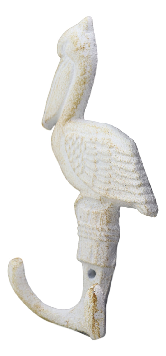 Ebros Set Of 2 Cast Iron Nautical Beach Port New Orleans White Pelican Bird Perching On Getty Post Wall Hooks 6" Tall Hanger Coastal Themed
