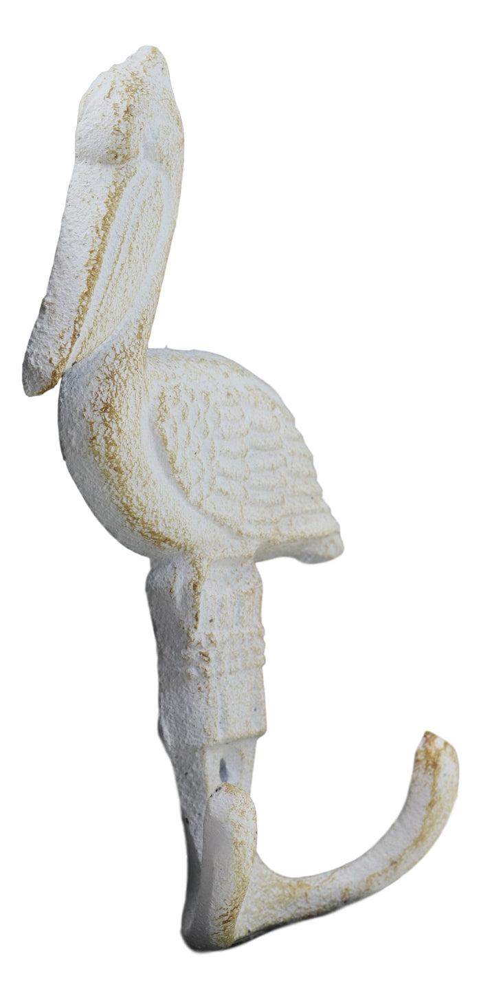 Ebros Set Of 2 Cast Iron Nautical Beach Port New Orleans White Pelican Bird Perching On Getty Post Wall Hooks 6" Tall Hanger Coastal Themed