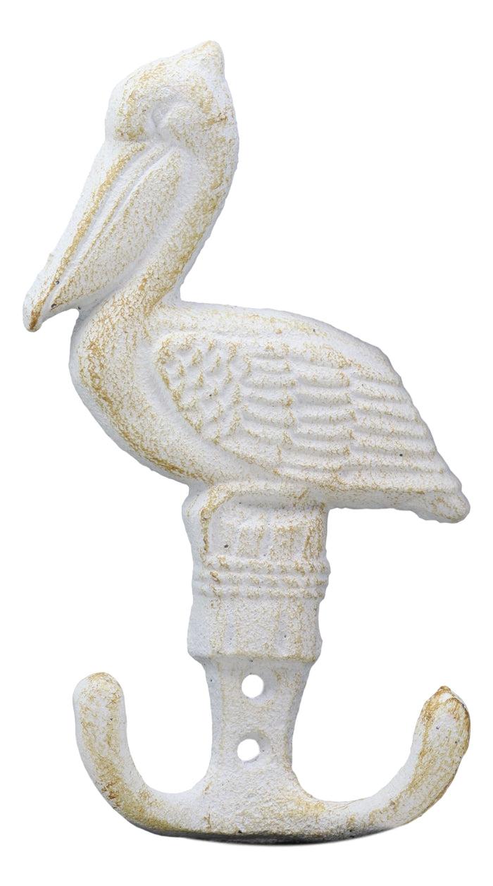 Ebros Set Of 2 Cast Iron Nautical Beach Port New Orleans White Pelican Bird Perching On Getty Post Wall Hooks 6" Tall Hanger Coastal Themed