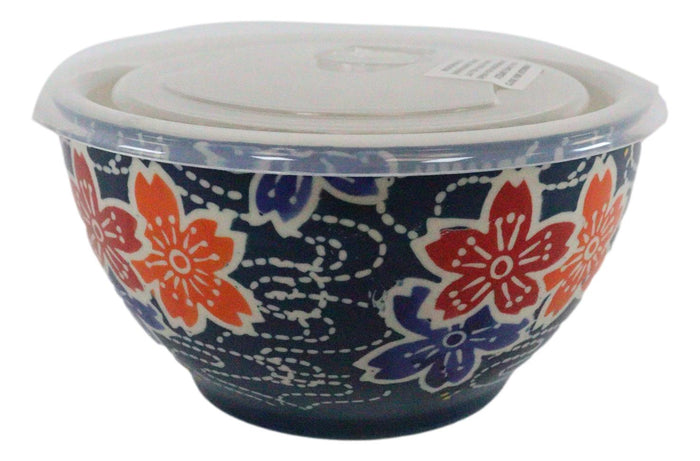 Ebros Set Of 2 Ceramic Blue Cherry Blossoms Portion Meal Bowls 3 Cups Airtight Lid