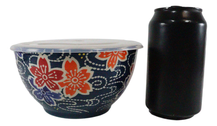 Ebros Set Of 2 Ceramic Blue Cherry Blossoms Portion Meal Bowls 3 Cups Airtight Lid