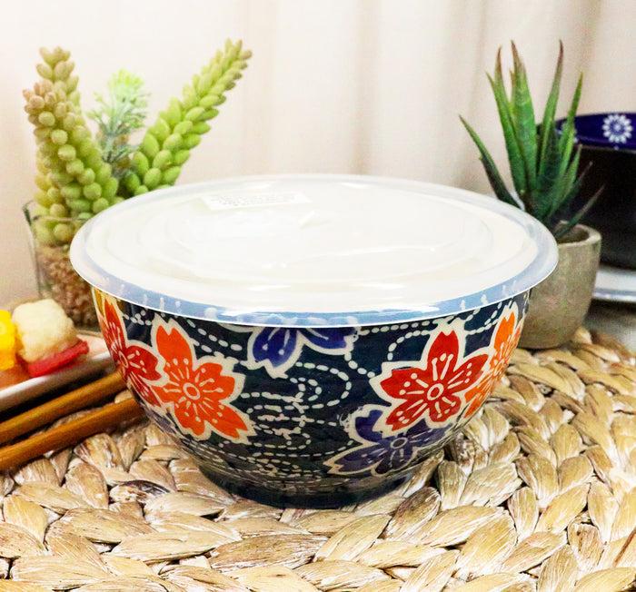 Ebros Set of 2 Ceramic Blue Cherry Blossoms Portion Meal Bowls 3 Cups Airtight Lid