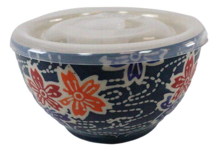 Ebros Set Of 2 Ceramic Blue Cherry Blossoms Portion Meal Bowls 2 Cups W/ Airtight Lid