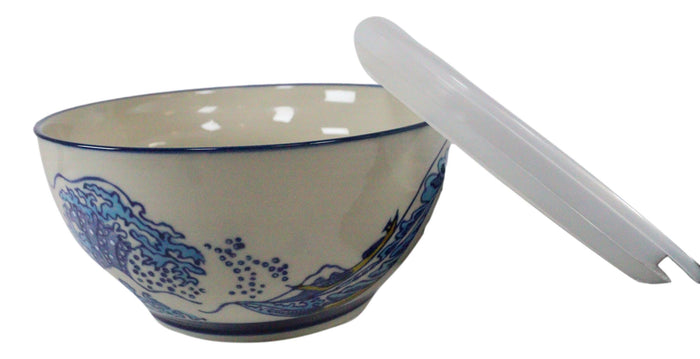 Ebros Set Of 2 Ceramic Blue Hokusai Great Wave Portion Meal Bowls 5 Cups Airtight Lid