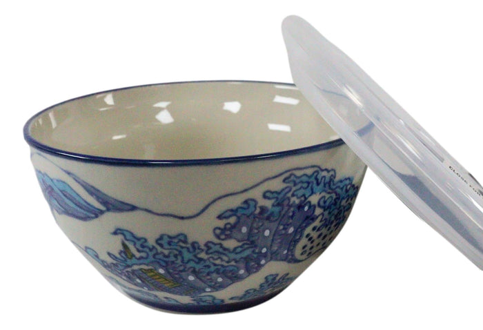 Ebros Set Of 2 Ceramic Blue Hokusai Great Wave Portion Meal Bowls 3 Cups Airtight Lid
