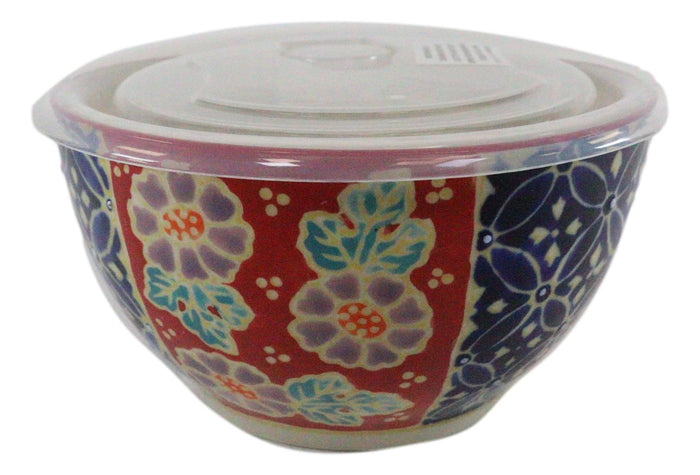Ebros Set Of 2 Ceramic Blue Red Floral Patterns Portion Meal Bowls 3 Cups Airtight Lid