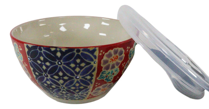 Ebros Set Of 2 Ceramic Blue Red Floral Patterns Portion Meal Bowls 3 Cups Airtight Lid