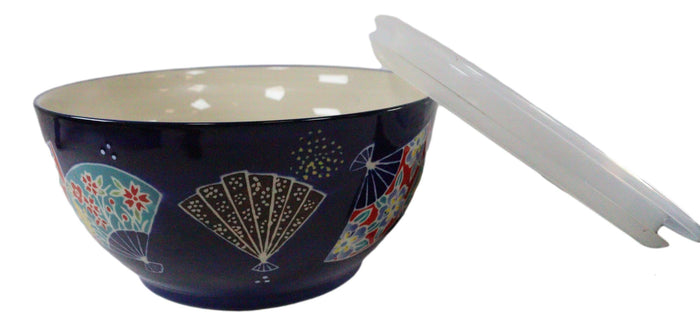 Ebros Set Of 2 Ceramic Colorful Oriental Fans Portion Meal Bowls 5 Cups Airtight Lid