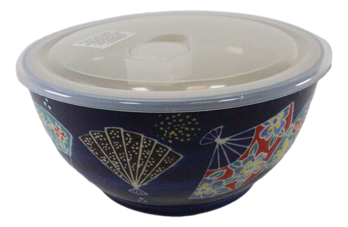 Ebros Set Of 2 Ceramic Colorful Oriental Fans Portion Meal Bowls 3 Cups Airtight Lid