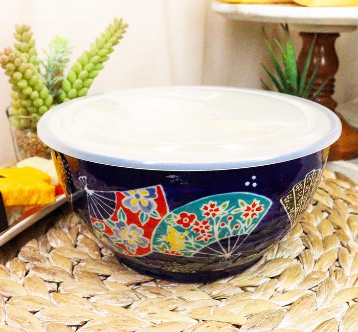 Ebros Set of 2 Ceramic Colorful Oriental Fans Portion Meal Bowls 5 Cups Airtight Lid