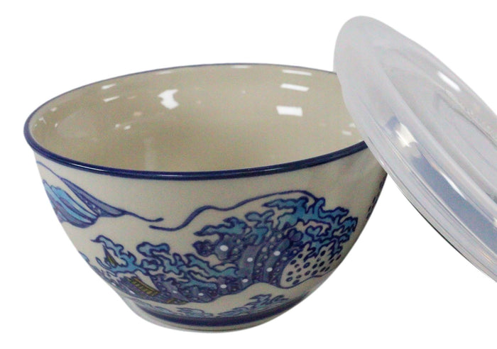 Ebros Set Of 2 Ceramic Hokusai Great Wave Portion Meal Bowls 2 Cups W/ Airtight Lid