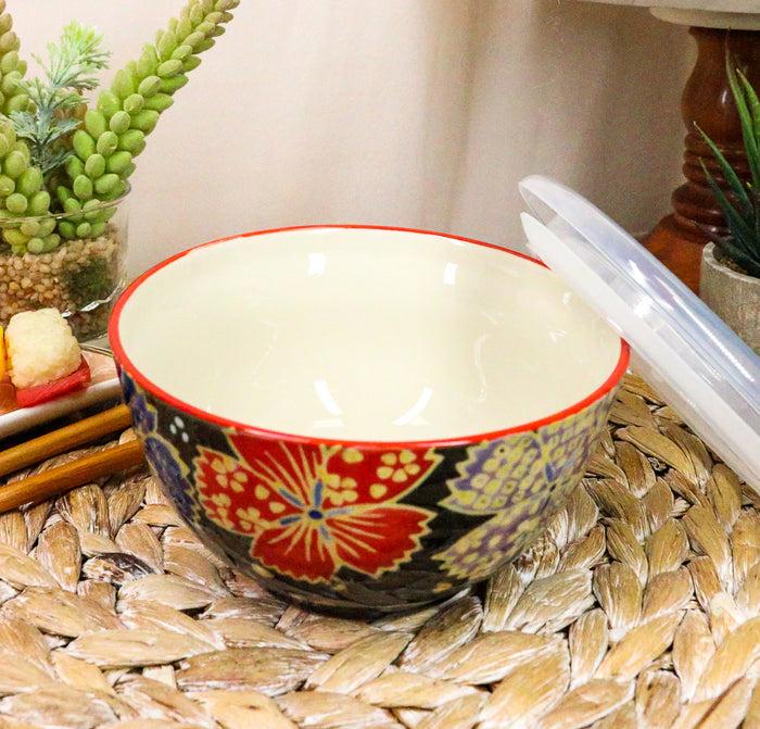 Ebros Set Of 2 Ceramic Midnight Floral Blooms Portion Meal Bowls 2 Cups Airtight Lid