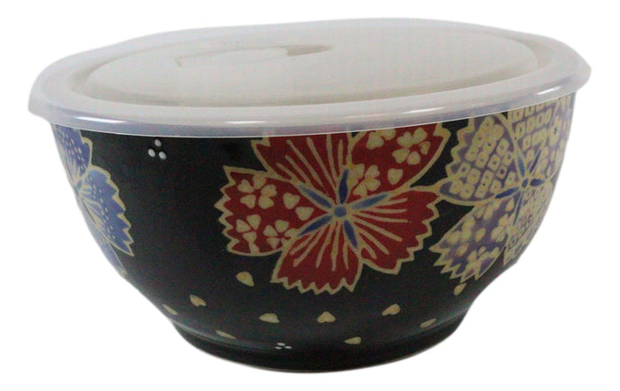 Ebros Set Of 2 Ceramic Midnight Floral Blossoms Portion Meal Bowls 3 Cups Airtight Lid