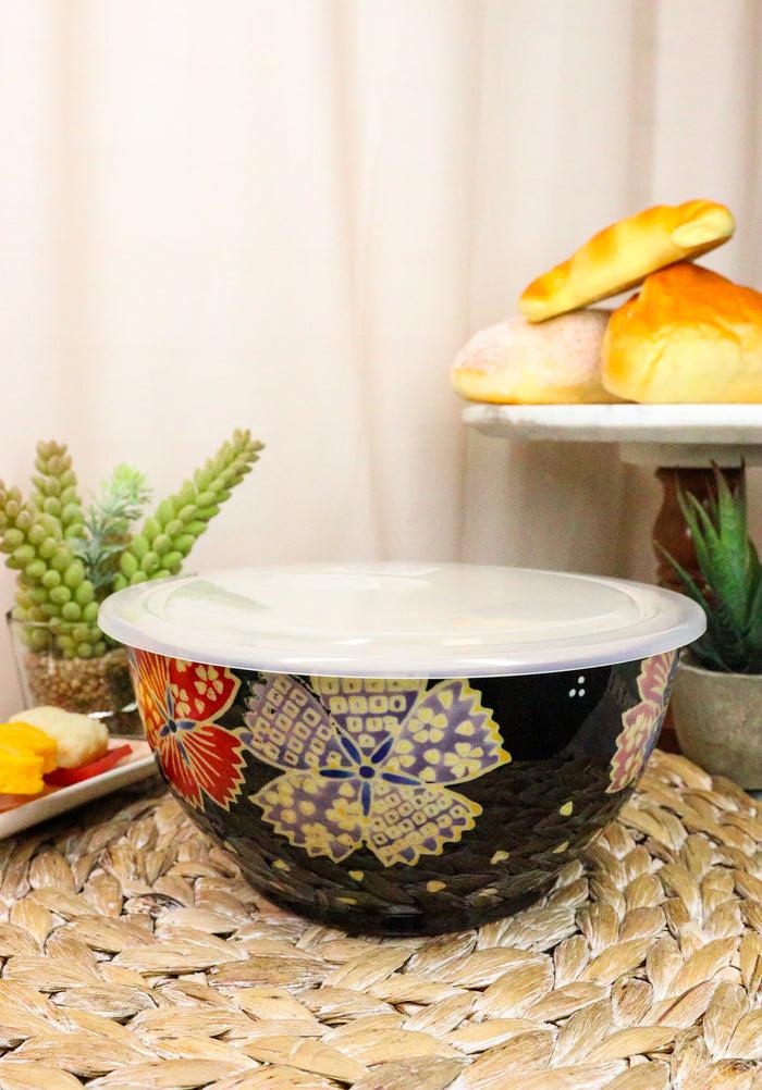 Ebros Set of 2 Ceramic Midnight Floral Blossoms Portion Meal Bowls 3 Cups Airtight Lid