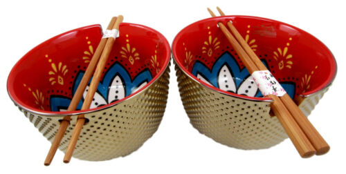Ebros Set Of 2 Luxury Gold Plated Ramen Noodle Bowls W/ Chopsticks Red Lotus Blossom