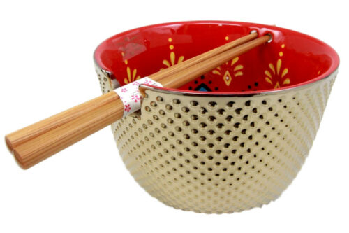 Ebros Set Of 2 Luxury Gold Plated Ramen Noodle Bowls W/ Chopsticks Red Lotus Blossom