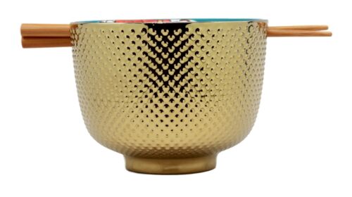 Ebros Set Of 2 Luxury Gold Plated Ramen Noodle Bowls With Chopsticks 5"Diameter Made Of Ceramic Ideal For Home Or Graduation Gift (Turquoise Flower Blossom)