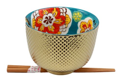 Ebros Set Of 2 Luxury Gold Plated Ramen Noodle Bowls With Chopsticks 5"Diameter Made Of Ceramic Ideal For Home Or Graduation Gift (Turquoise Flower Blossom)