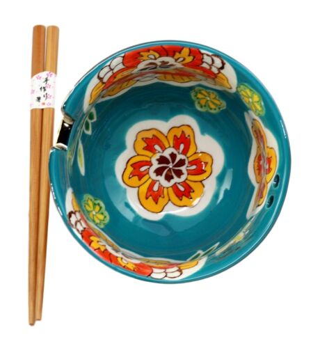 Ebros Set Of 2 Luxury Gold Plated Ramen Noodle Bowls With Chopsticks 5"Diameter Made Of Ceramic Ideal For Home Or Graduation Gift (Turquoise Flower Blossom)