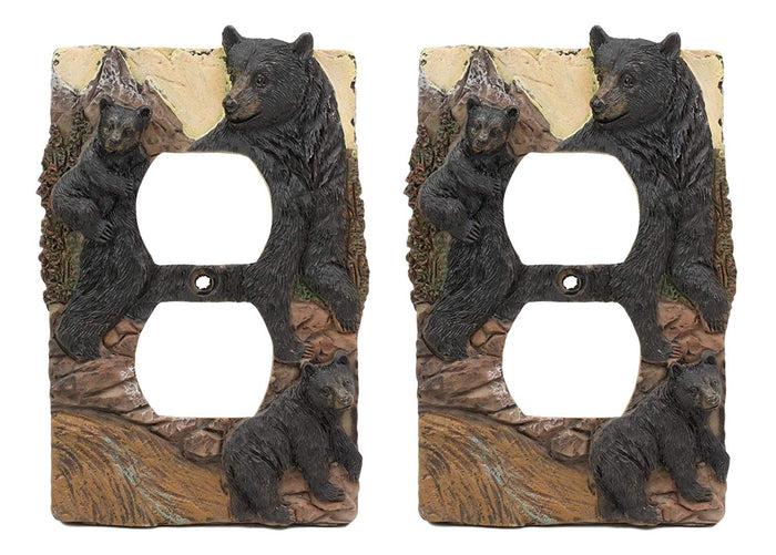 Ebros Set Of 2 Novelty Woodland Rustic Forest Black Bear Mother And Cubs Family Wall Electrical Cover Plate 3D Hand Painted Resin Western Bears Home Decor Accessory (Double Receptacle Outlet)