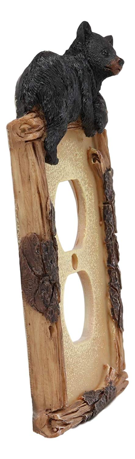 Ebros Set Of 2 Novelty Woodland Rustic Forest Black Bear By Branch Twigs Wall Light Cover Plate Hand Painted Sculpted Resin Home Decor Accessory (2 Double Outlets)