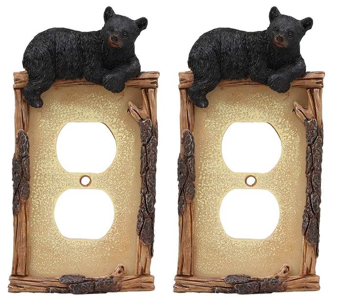 Ebros Set of 2 Novelty Woodland Rustic Forest Black Bear By Branch Twigs Wall Light Cover Plate Hand Painted Sculpted Resin Home Decor Accessory (2 Double Outlets)