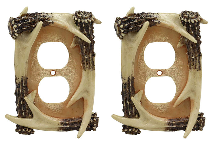 Ebros Set Of 2 Novelty Woodland Rustic Forest Stag Deer Antlers Wall Electrical Cover Plate Accent Hand Painted Sculpted Antler Resin Home Decor Accessory (2 Double Outlets)