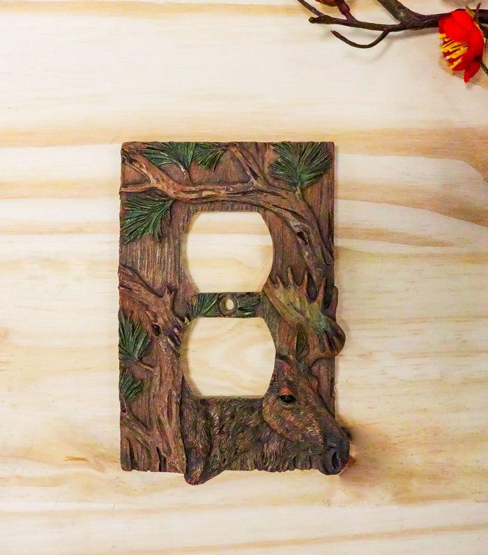 Ebros Set Of 2 Novelty Woodland Rustic Forest Stag Elk Moose By Pine Boughs Wall Electrical Cover Plate Accent 3D Hand Painted Deer Antlers Western Home Decor (Double Receptacle Outlet)